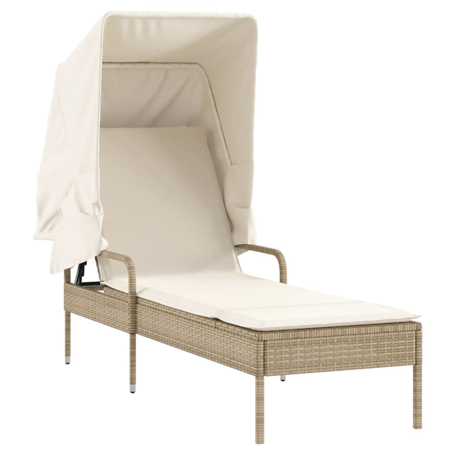 Ligbedden 2 st met luifels en tafel poly rattan beige