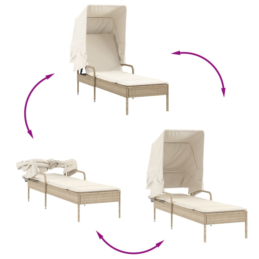 Ligbedden 2 st met luifels en tafel poly rattan beige