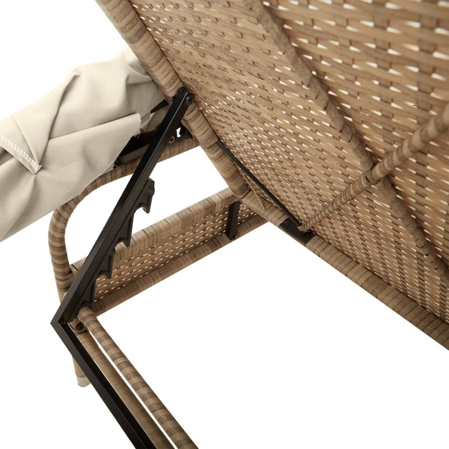 Ligbedden 2 st met luifels en tafel poly rattan beige
