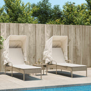 Ligbedden 2 st poly rattan beige met luifel en tafel