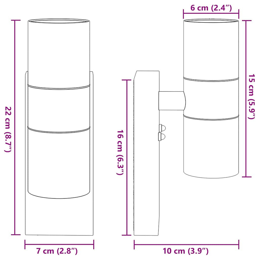 Buiten Wandlamp 2 pcs Zilver 7 x 10 x 22 cm RVS en Glas