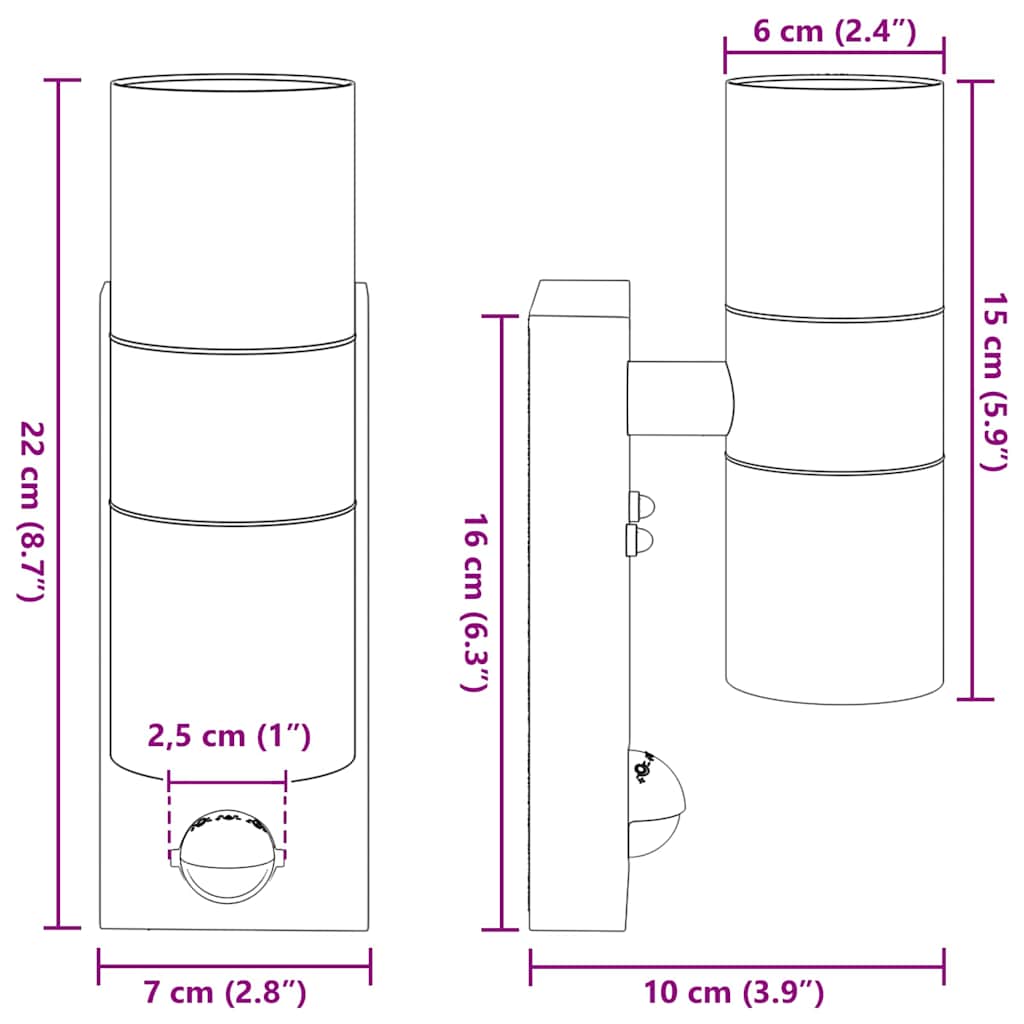 Buiten Wandlamp 2 pcs Zwart 7 x 10 x 22 cm RVS en Glas
