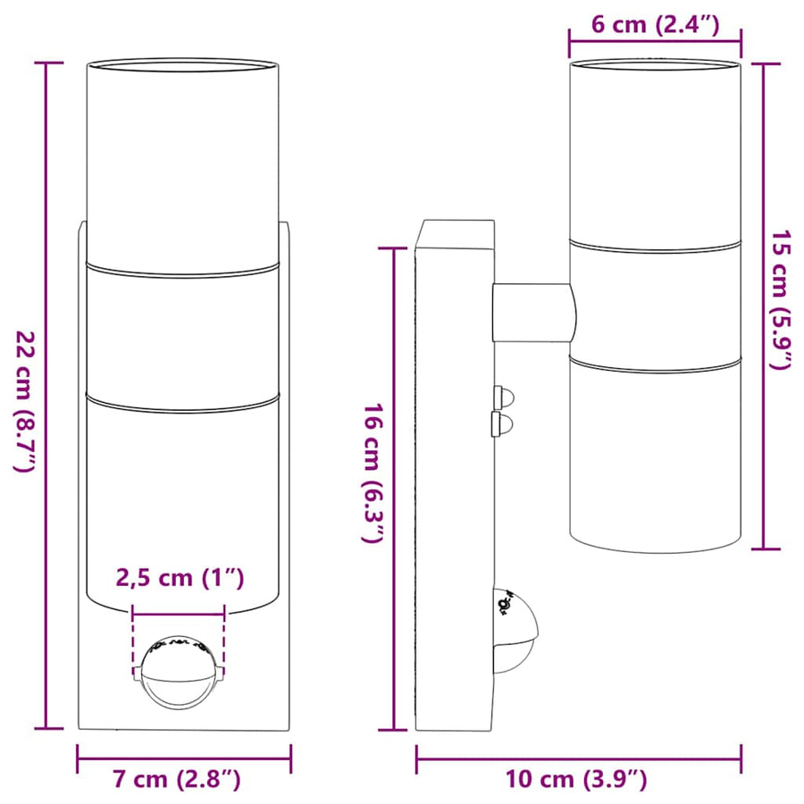 Buiten Wandlamp 2 pcs Zwart 7 x 10 x 22 cm RVS en Glas