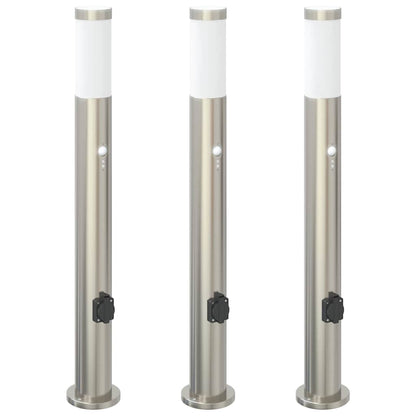Bolderverlichting met sensor en stopcontact 3 stuks 80 cm roestvrij staal IP44