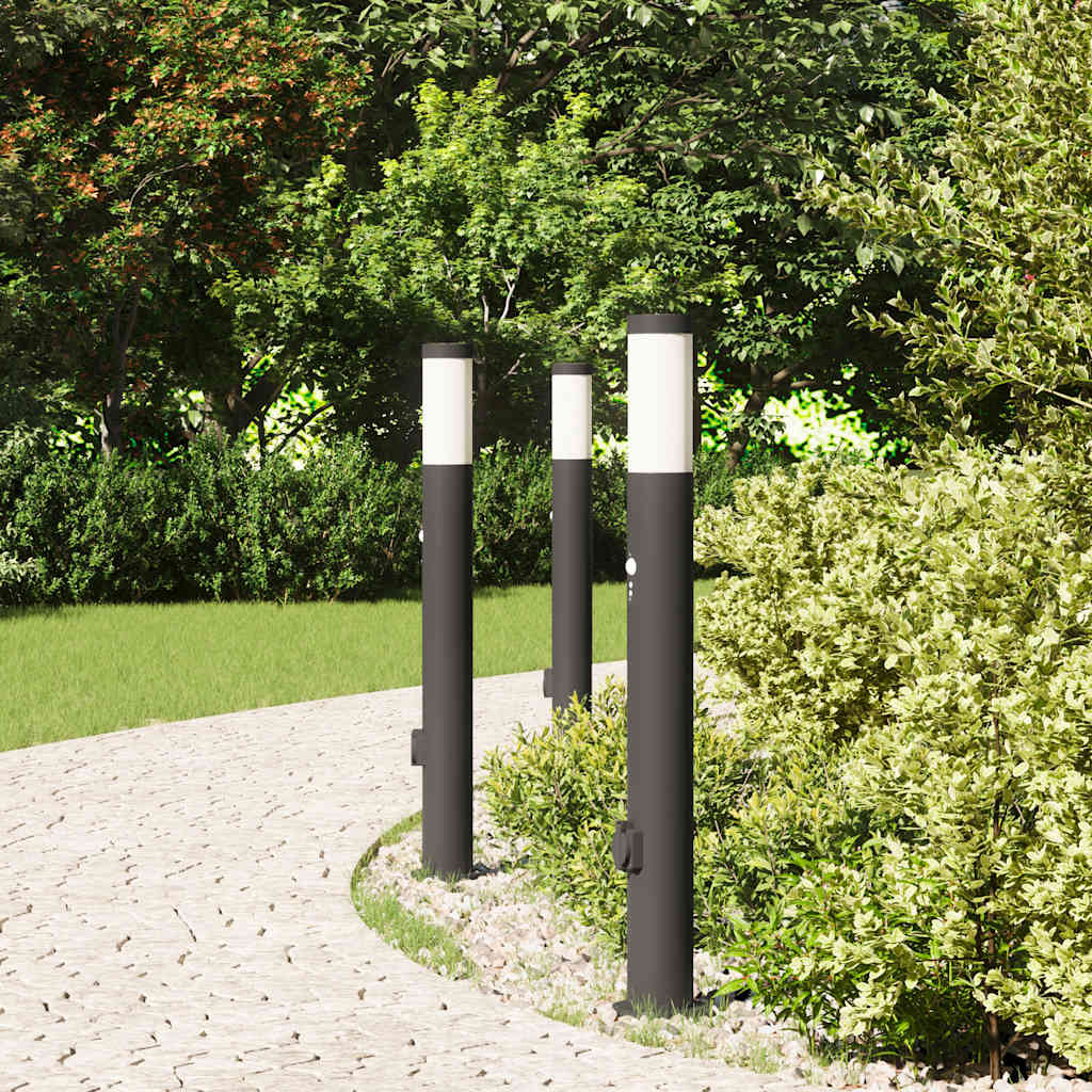 Bolderverlichting met sensor en stopcontact 3 stuks 80 cm roestvrij staal IP44