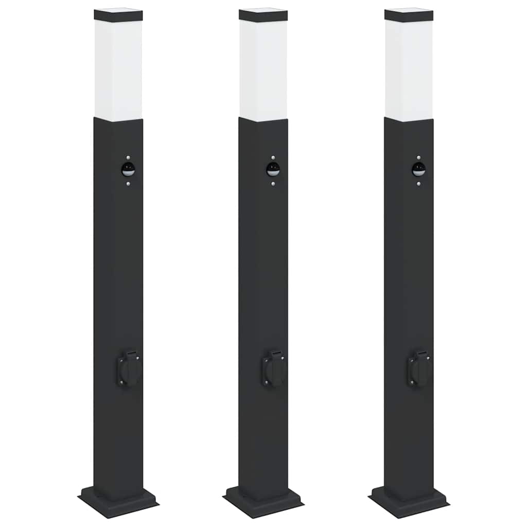 Bolderverlichting met sensor en stopcontact 3 stuks 80 cm zwart IP44
