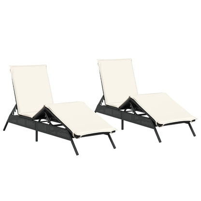 Ligstoelen 2 st met kussens poly rattan zwart