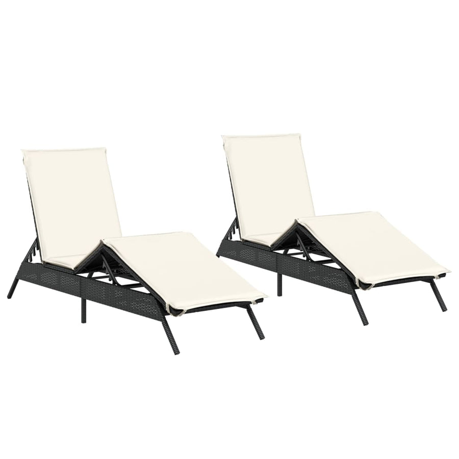 Ligstoelen 2 st met kussens poly rattan zwart