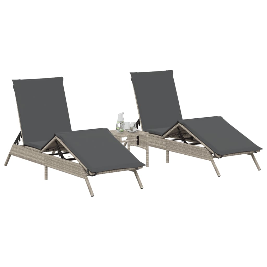 Ligstoelen 2 st met kussen poly rattan lichtgrijs