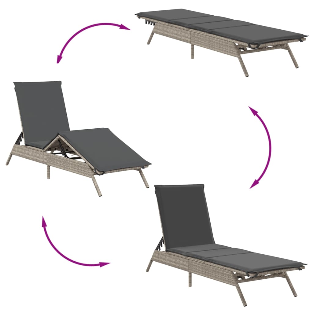 Ligstoelen 2 st met kussen poly rattan lichtgrijs