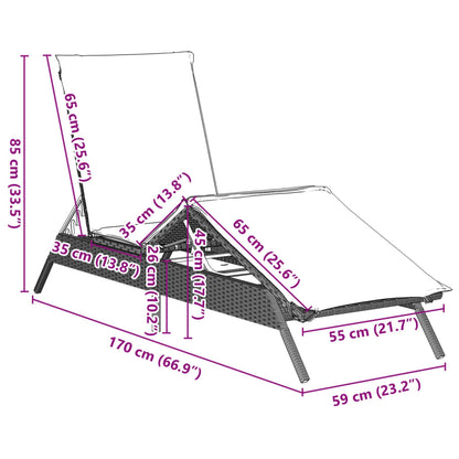 Ligstoelen 2 st met kussen poly rattan lichtgrijs