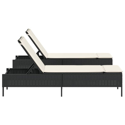 Ligstoelen 2 st met kussens poly rattan zwart