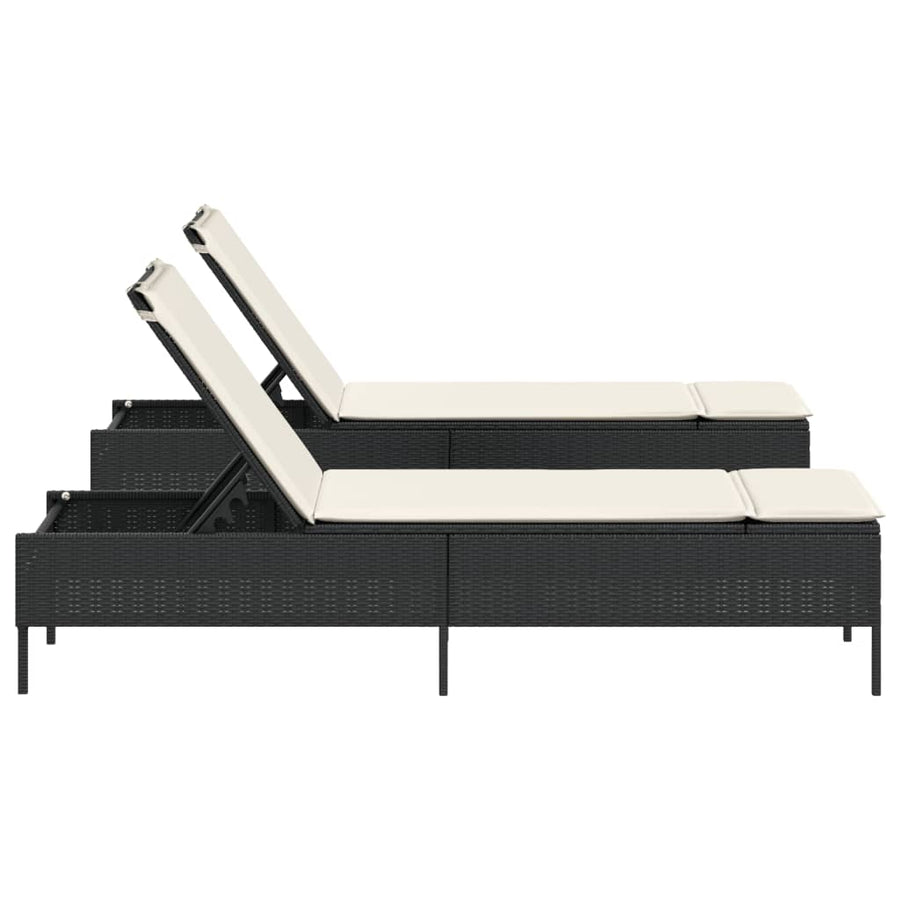 Ligstoelen 2 st met kussens poly rattan zwart
