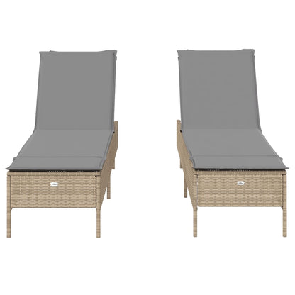 Ligstoelen 2 st met kussens poly rattan beige