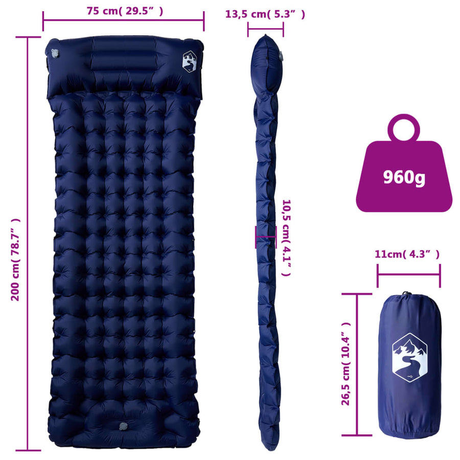 Kampeermatras met kussen zelfopblazend 1-persoons marineblauw