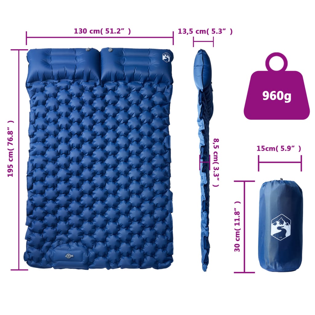Kampeermatras met kussens zelfopblazend 2-persoons marineblauw