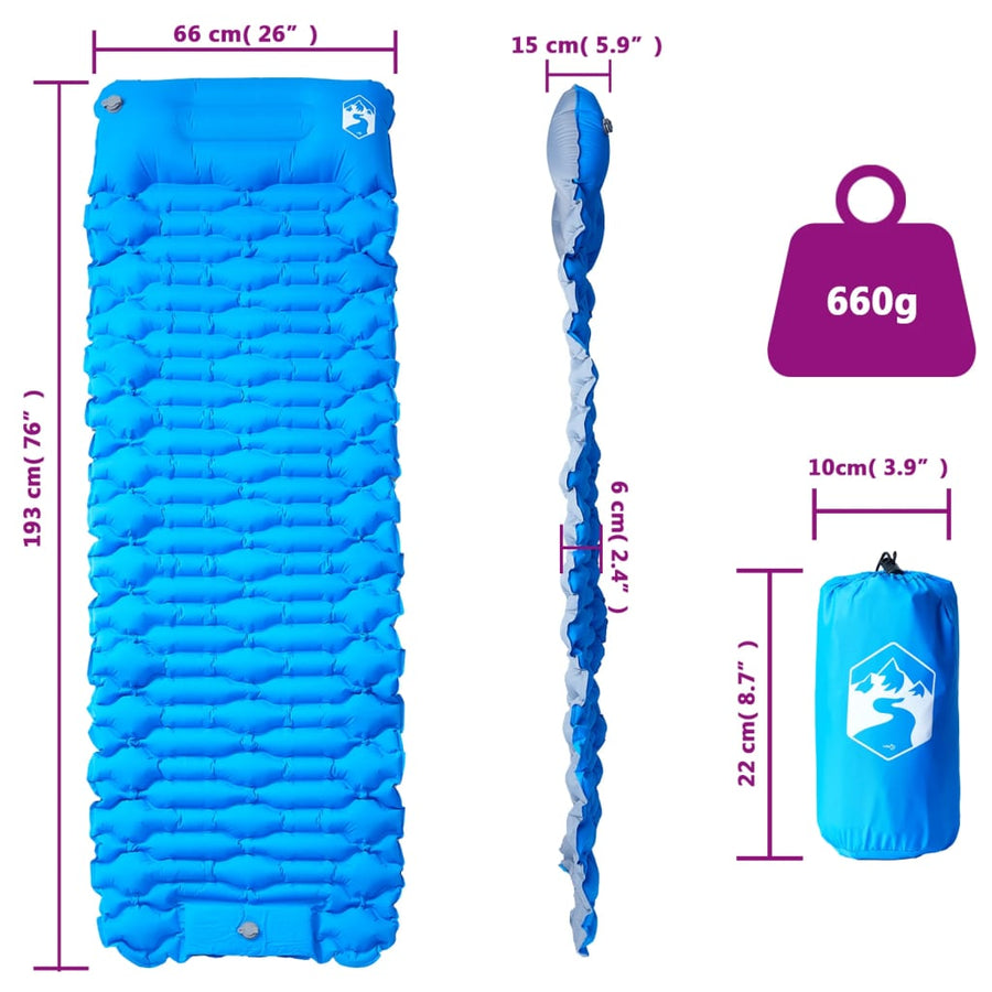 Kampeermatras met geïntegreerd kussen zelfopblazend blauw