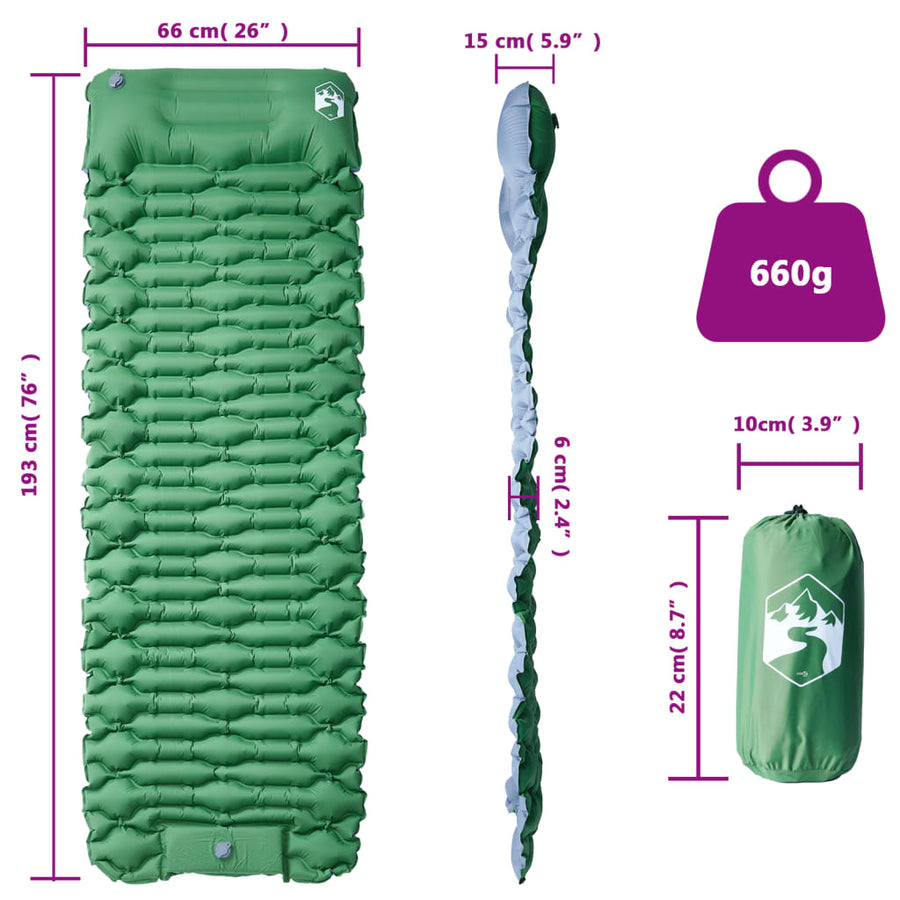 Kampeermatras met geïntegreerd kussen zelfopblazend groen