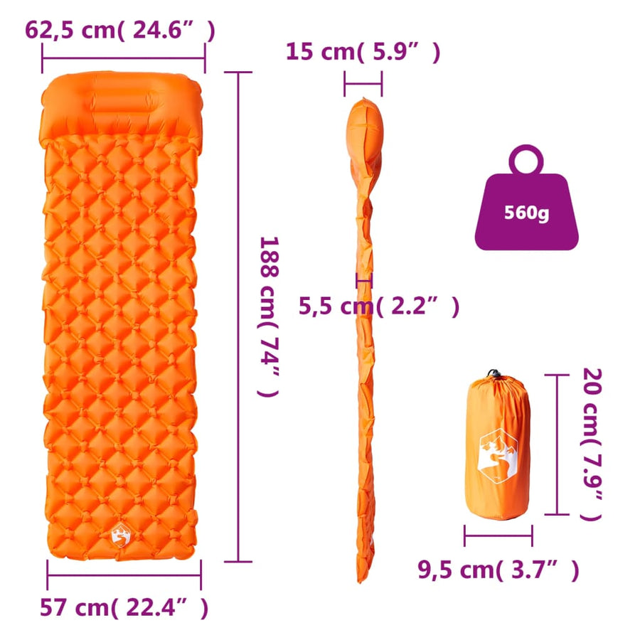 Kampeermatras met geïntegreerd kussen opblaasbaar oranje