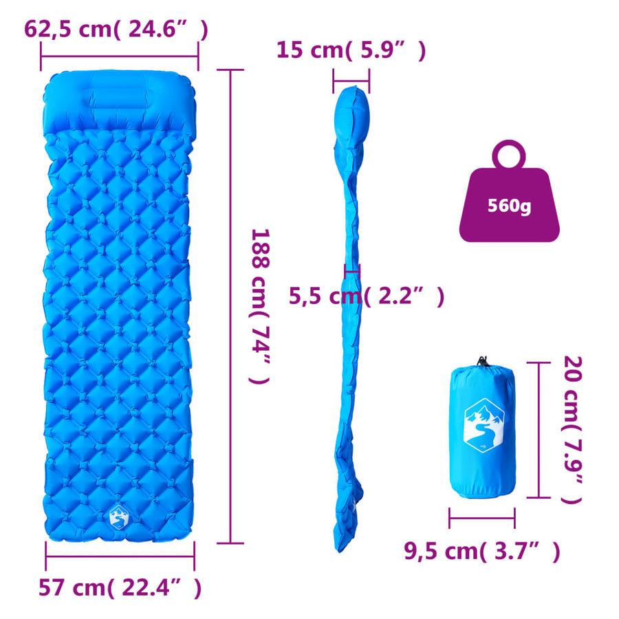 Kampeermatras met geïntegreerd kussen opblaasbaar blauw