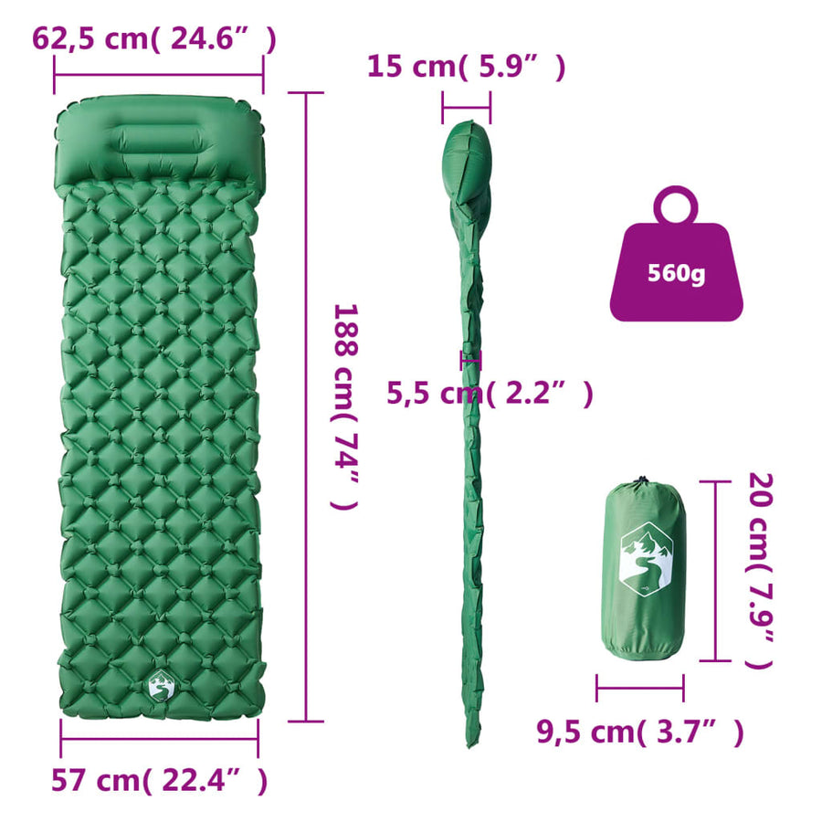 Kampeermatras met geïntegreerd kussen opblaasbaar groen