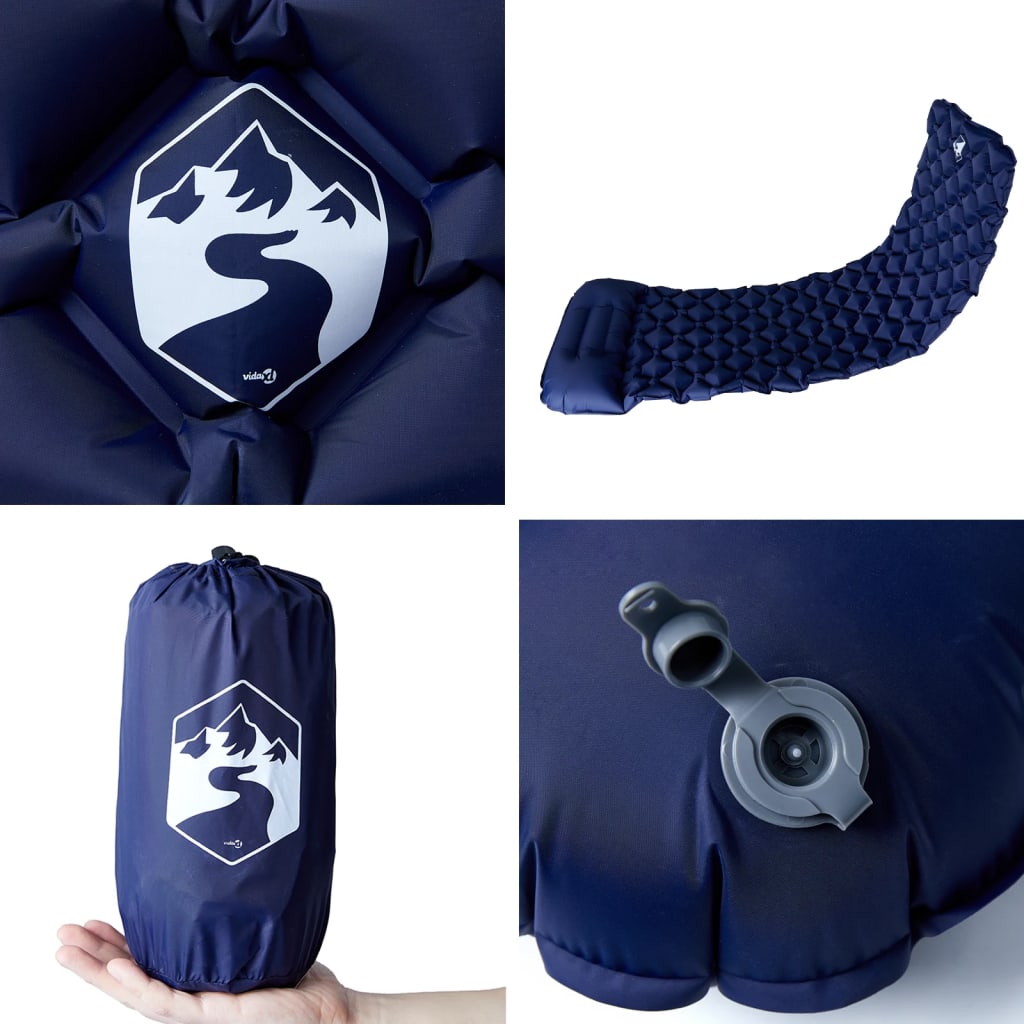 Kampeermatras met kussen opblaasbaar 1-persoons marineblauw
