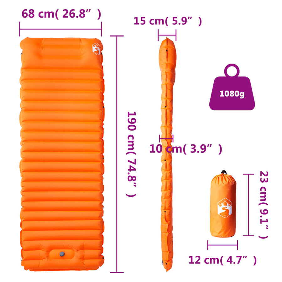 Kampeermatras met geïntegreerd kussen zelfopblazend oranje