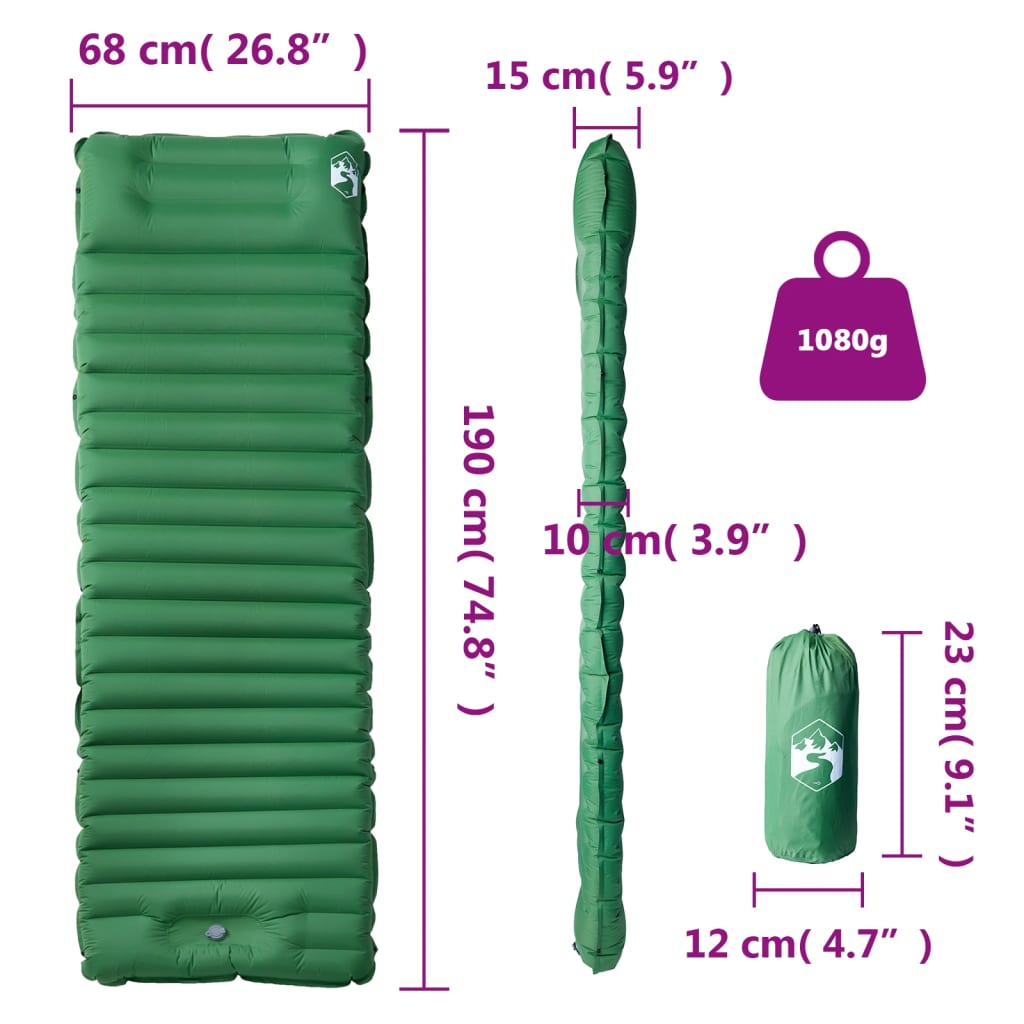 Kampeermatras met geïntegreerd kussen zelfopblazend groen