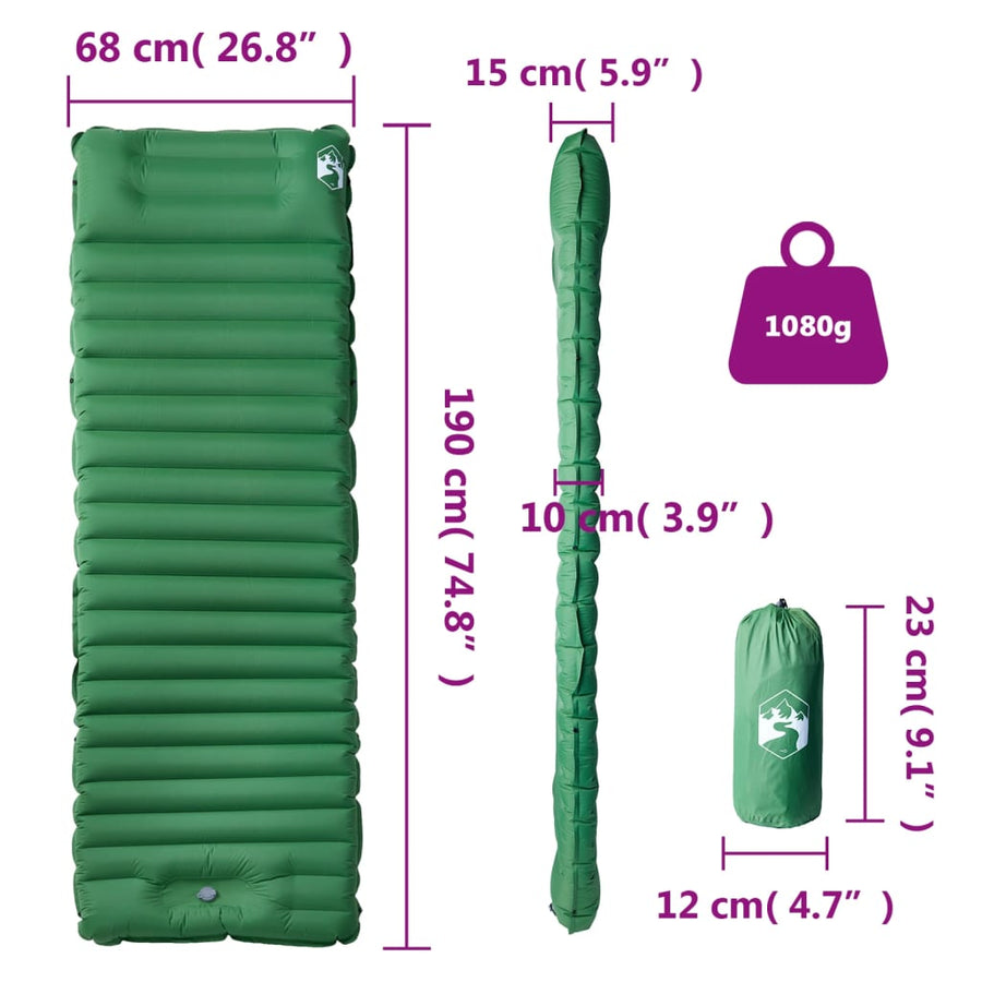 Kampeermatras met geïntegreerd kussen zelfopblazend groen