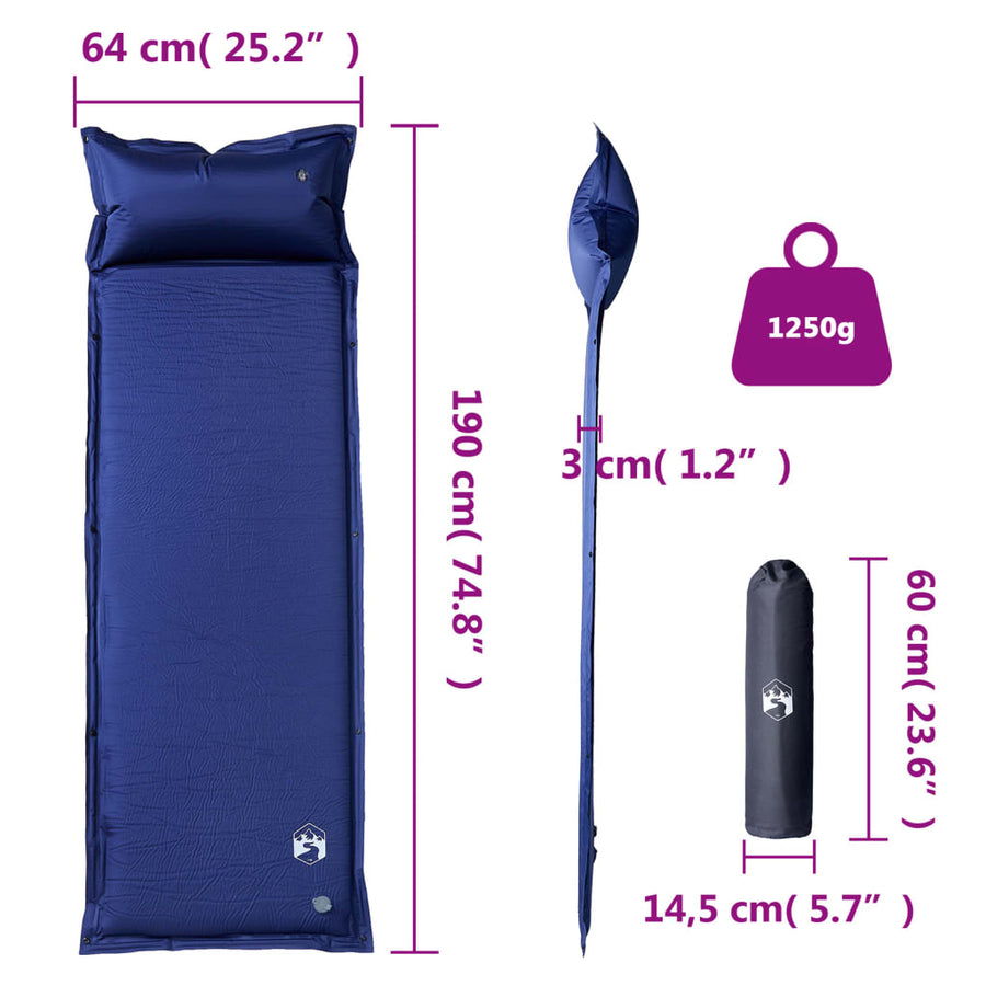 Kampeermatras met geïntegreerd kussen zelfopblazend marineblauw