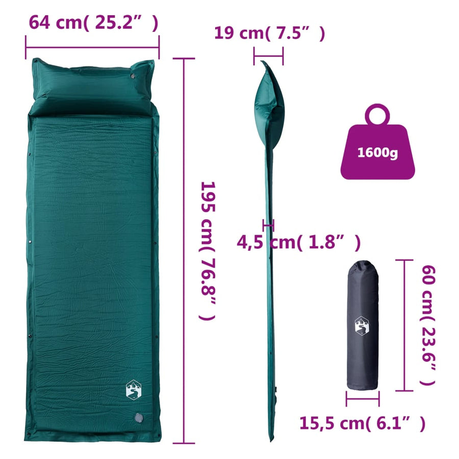 Kampeermatras met geïntegreerd kussen zelfopblazend groen