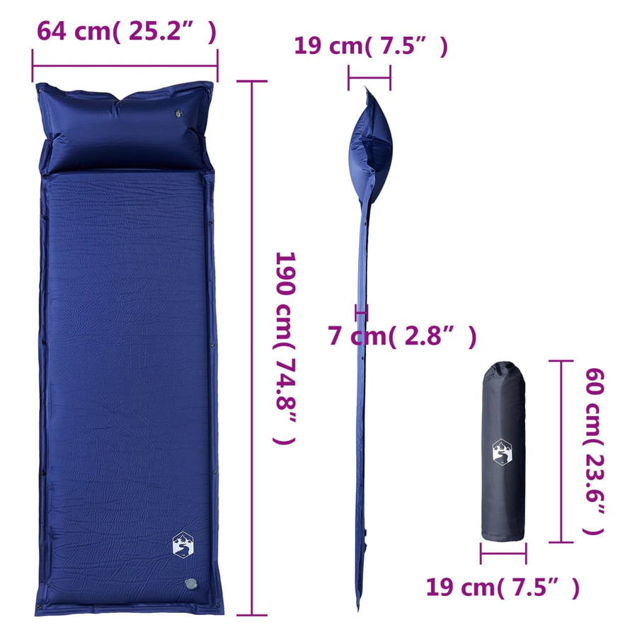 Kampeermatras met geïntegreerd kussen zelfopblazend marineblauw