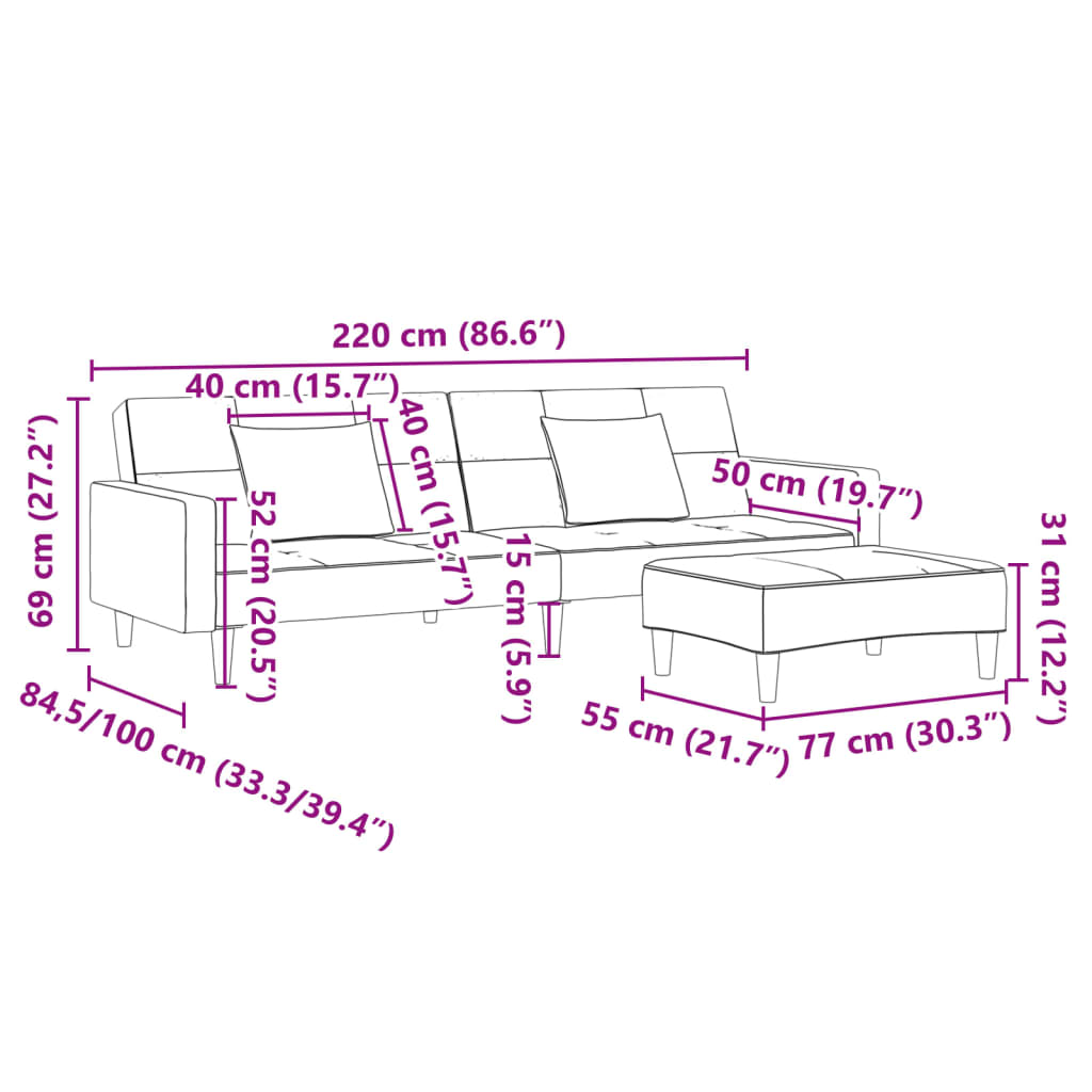 Slaapbank 2-Zits Met Voetenbank Stof Lichtgrijs