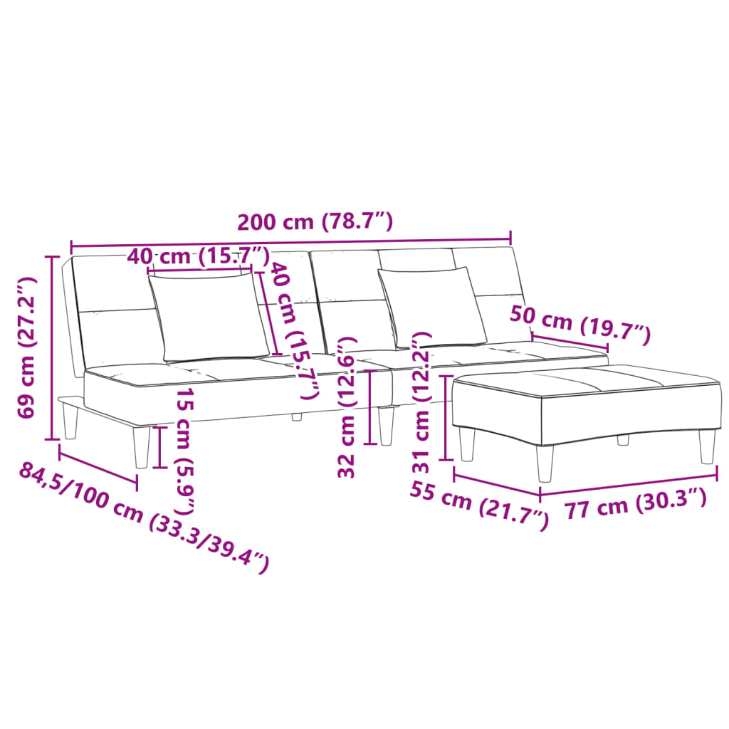Slaapbank 2-zits met voetenbank fluweel lichtgrijs