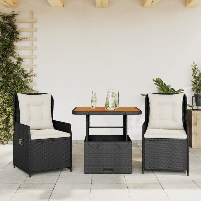 3-delige Bistroset met kussens poly rattan zwart