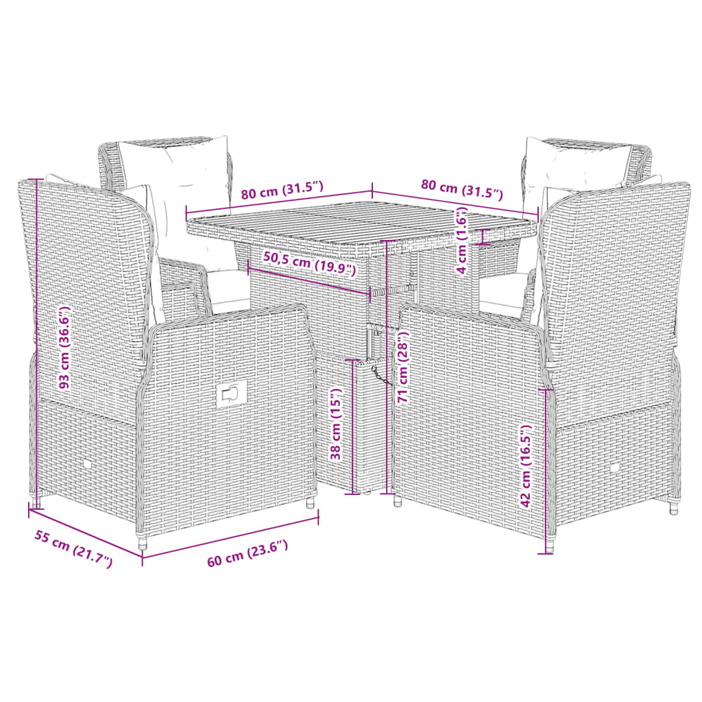 5-delige Tuinset met kussens poly rattan zwart