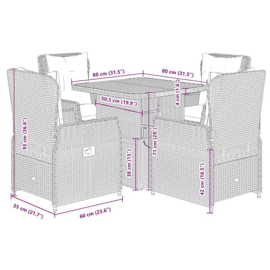 5-delige Tuinset met kussens poly rattan zwart