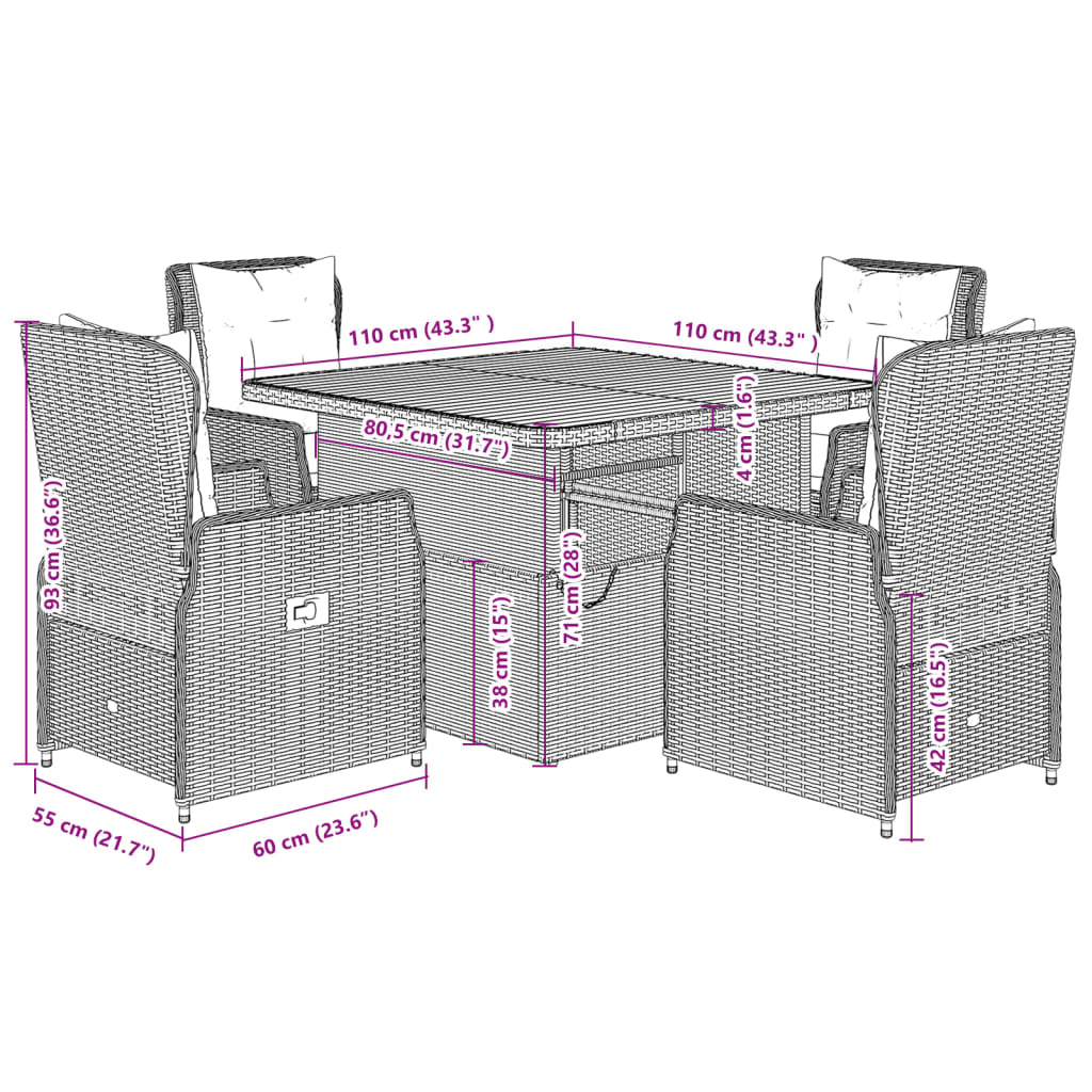 5-delige Tuinset met kussens poly rattan zwart