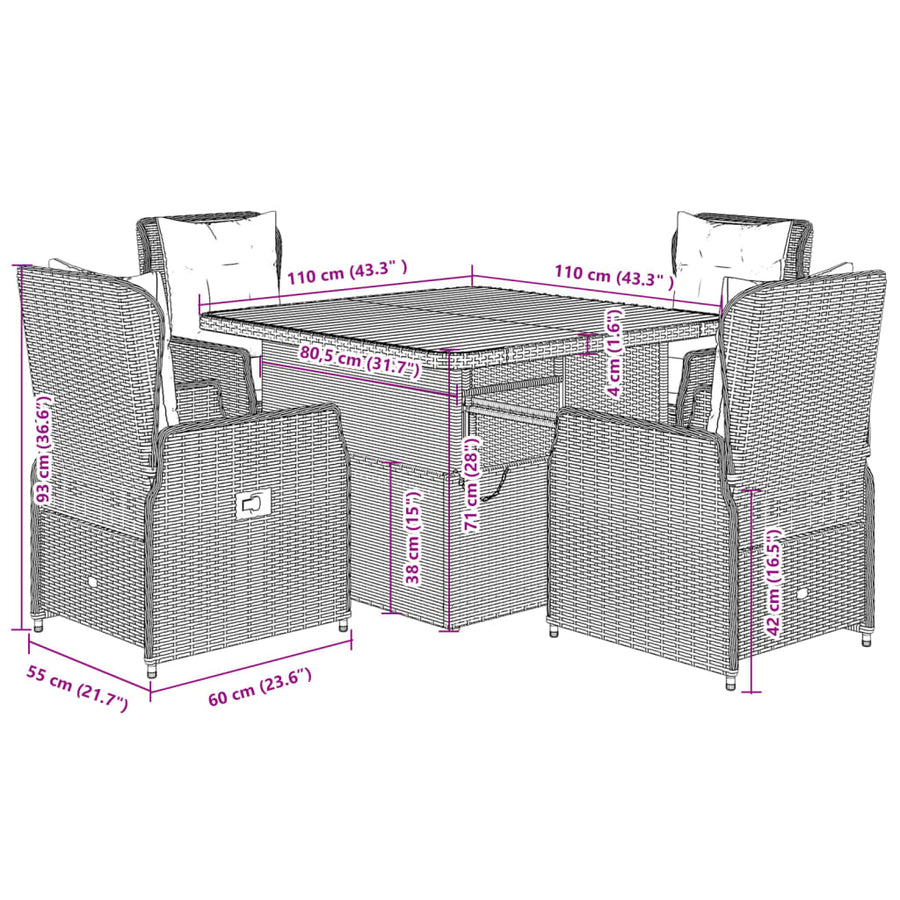 5-delige Tuinset met kussens poly rattan zwart