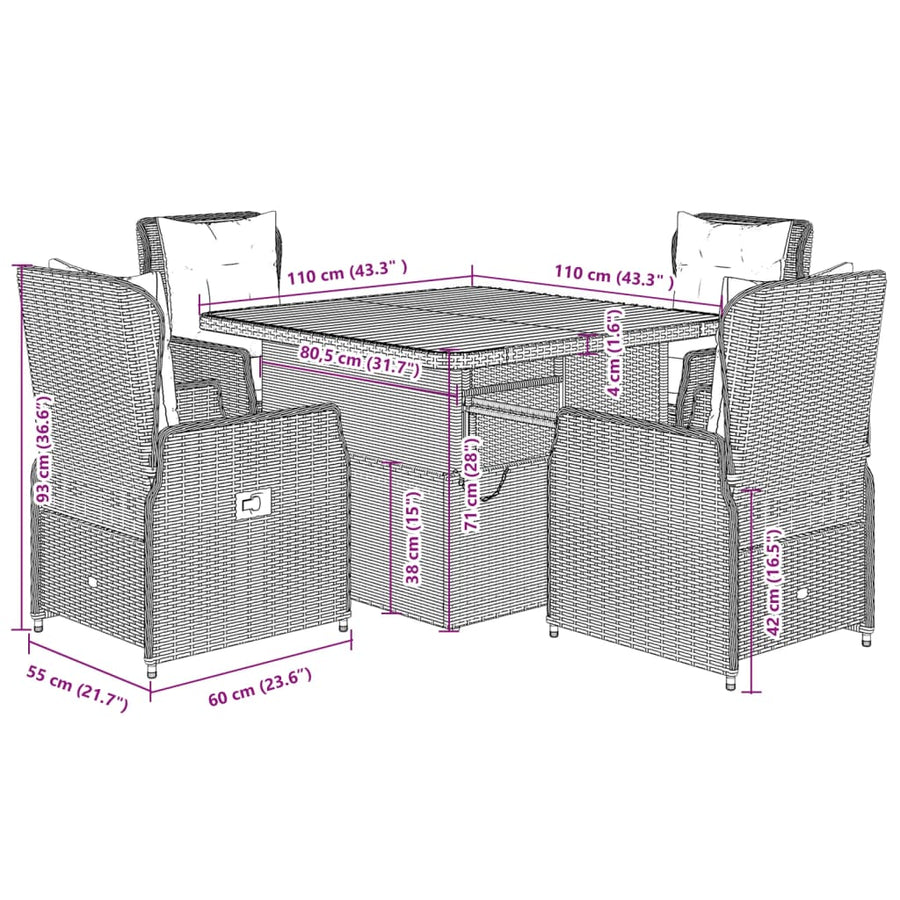 5-delige Tuinset met kussens poly rattan grijs