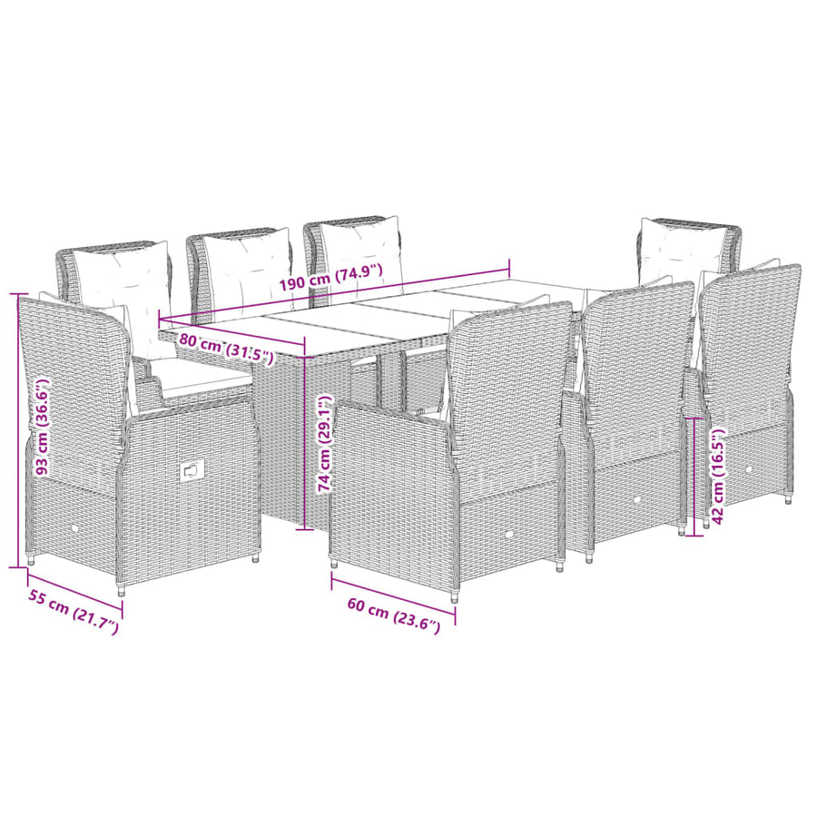 9-delige Tuinset met kussens poly rattan grijs