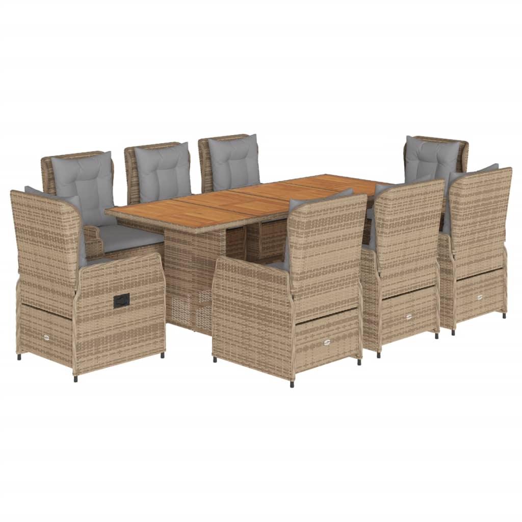 9-Delige Tuinset Met Kussens Poly Rattan 8 Beige en grijs Hout