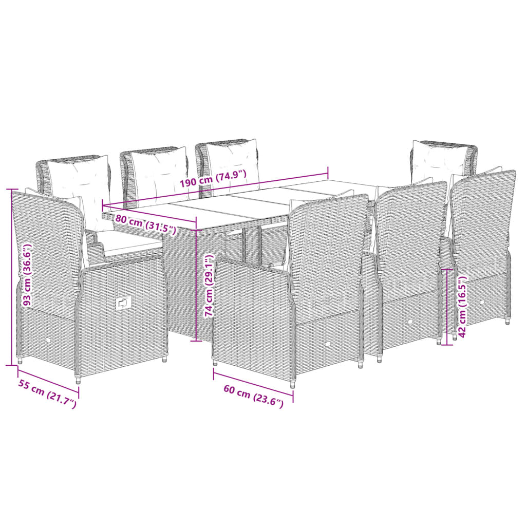 9-Delige Tuinset Met Kussens Poly Rattan 8 Beige en grijs Hout