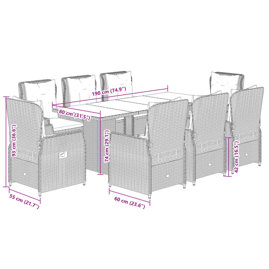 9-Delige Tuinset Met Kussens Poly Rattan 8 Beige en grijs Hout