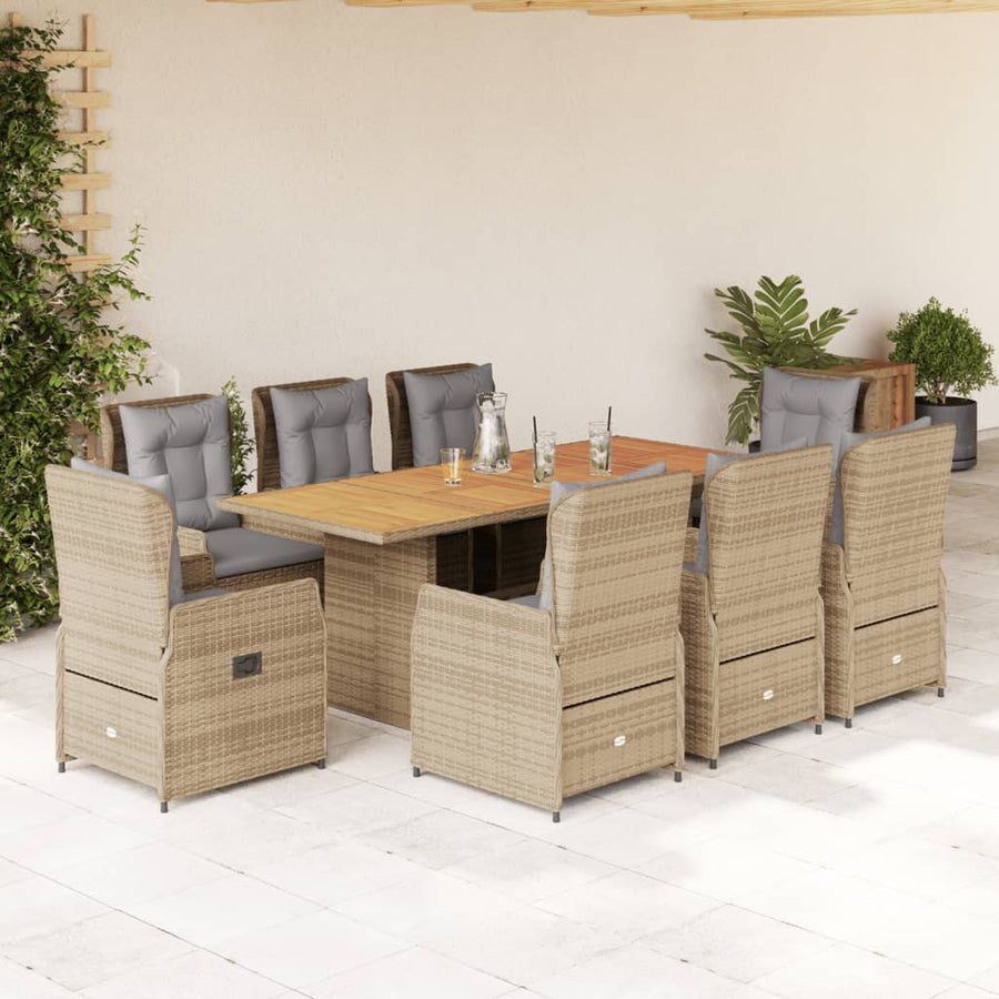 9-Delige Tuinset Met Kussens Poly Rattan 8 Beige en grijs Hout