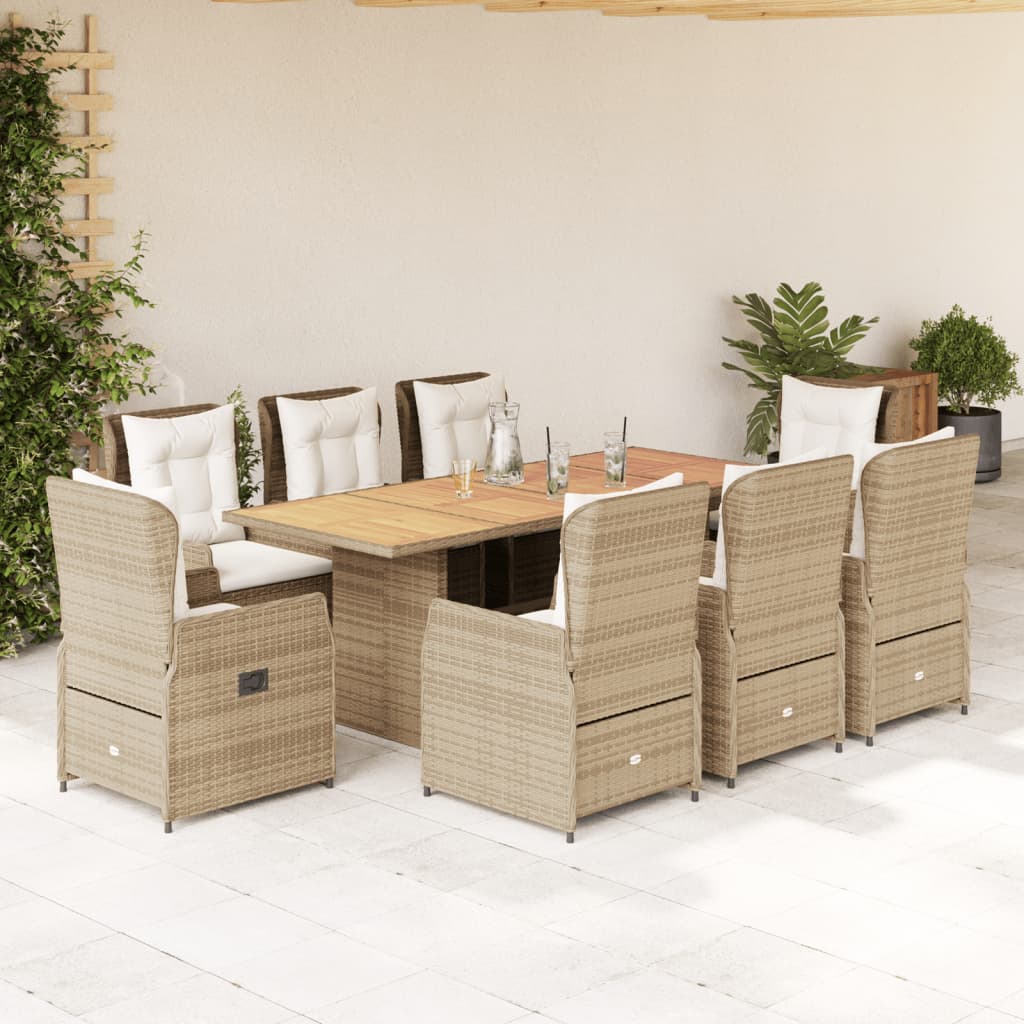 9-Delige Tuinset Met Kussens Poly Rattan 8 beige en crèmekleurig Hout