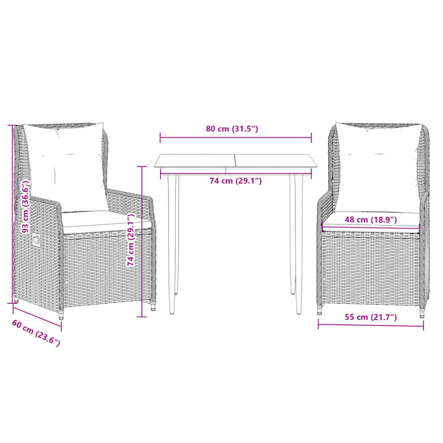 3-delige Tuinset met kussens poly rattan zwart