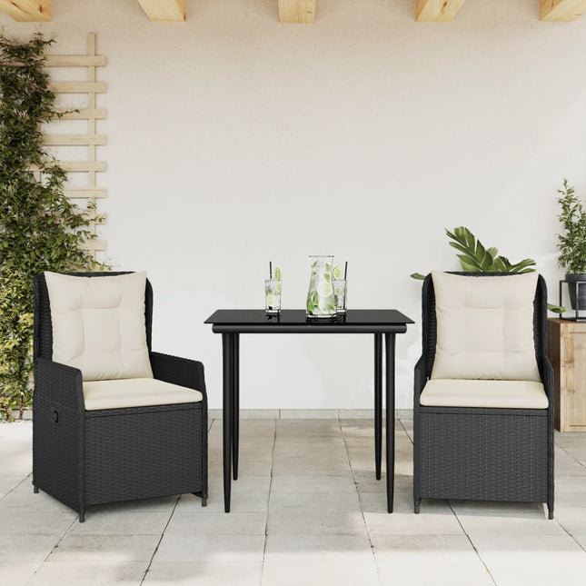 3-delige Tuinset met kussens poly rattan zwart