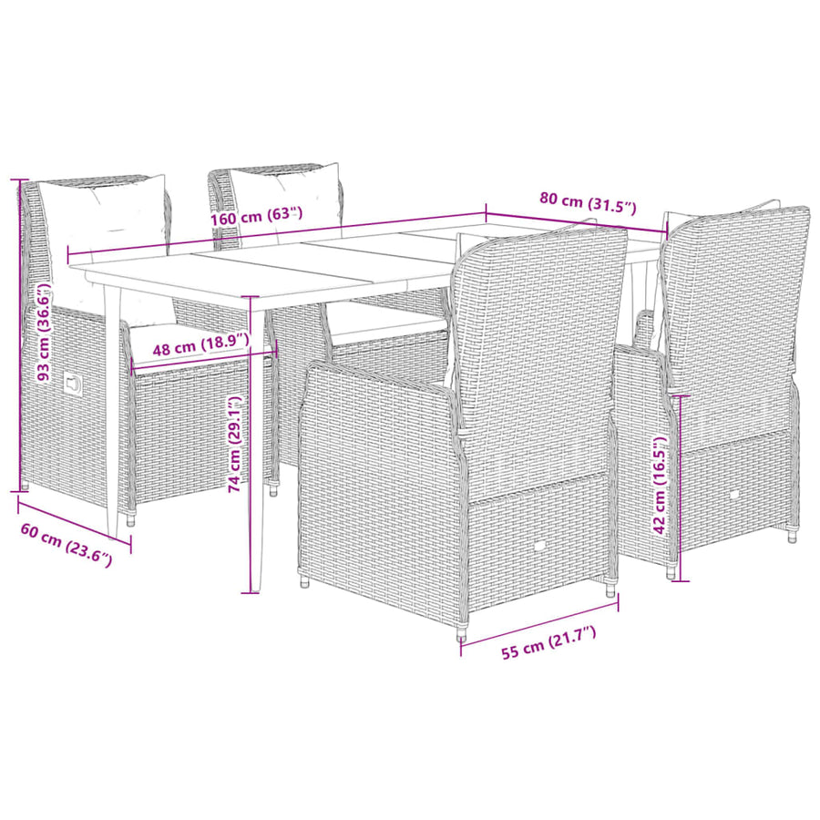 5-delige Tuinset met kussens poly rattan zwart