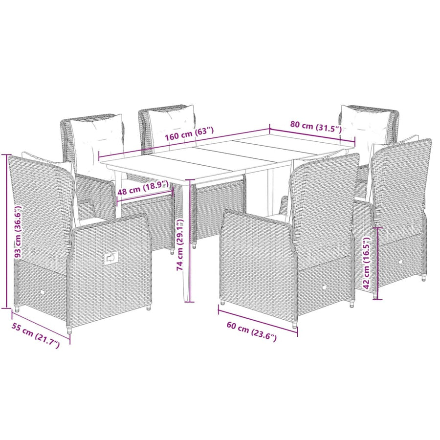 7-delige Tuinset met kussens poly rattan zwart